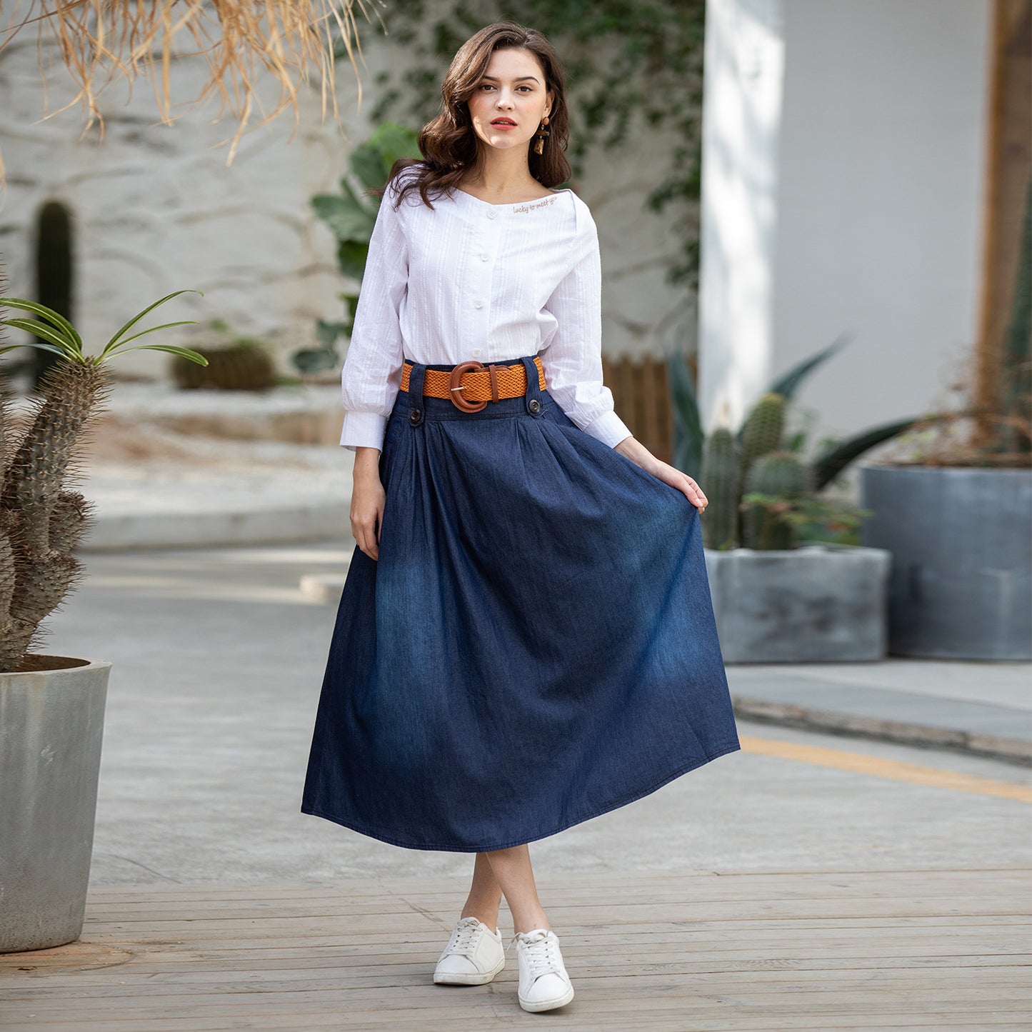 Thin Elastic Waist Denim Long Skirt