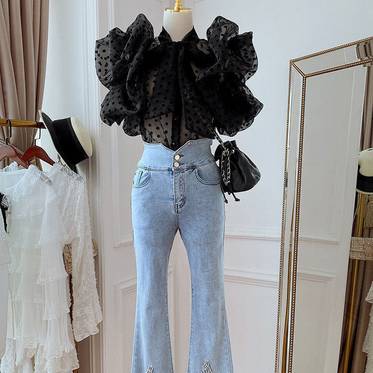 Korean Style Polka Dot Puff Sleeve Ruffled Lined Top
