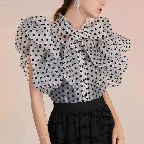 Korean Style Polka Dot Puff Sleeve Ruffled Lined Top