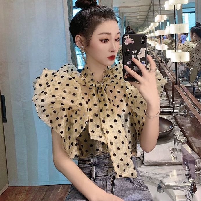 Korean Style Polka Dot Puff Sleeve Ruffled Lined Top