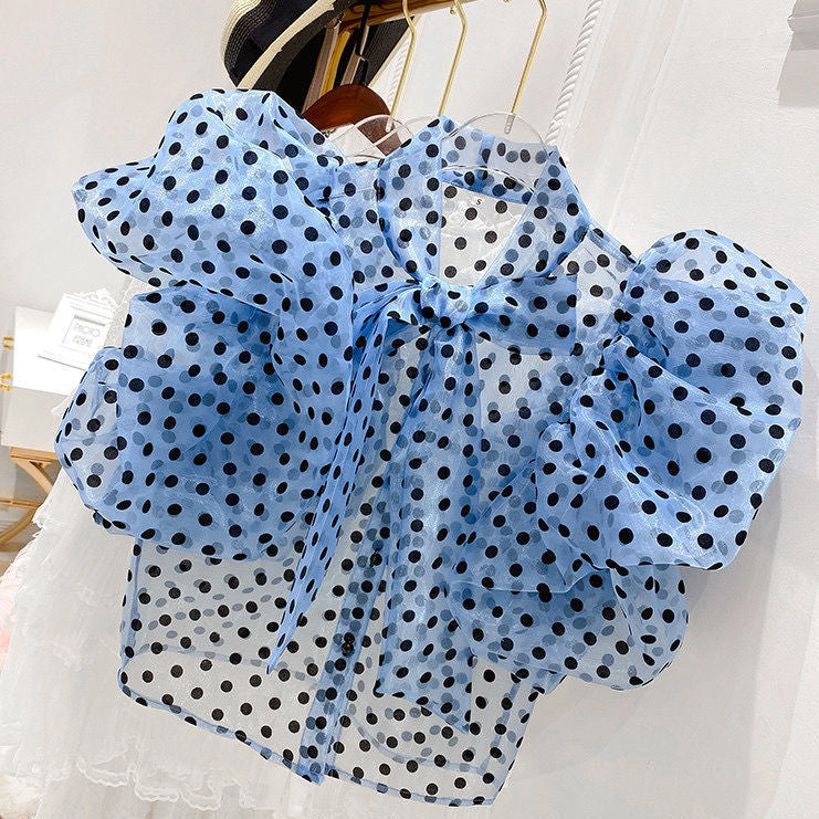 Korean Style Polka Dot Puff Sleeve Ruffled Lined Top