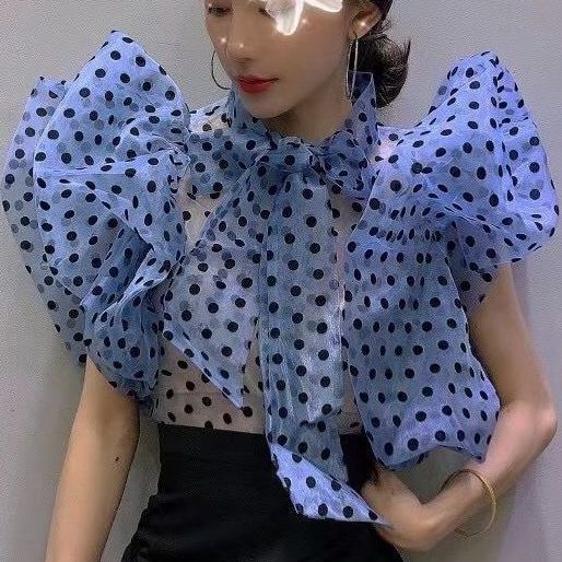 Korean Style Polka Dot Puff Sleeve Ruffled Lined Top