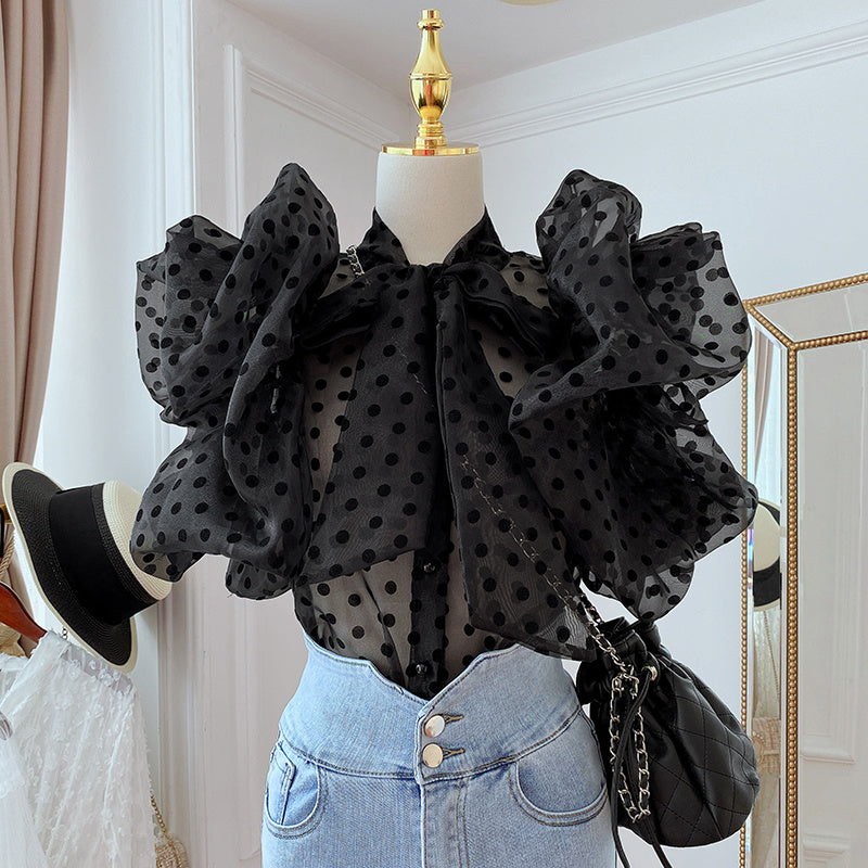 Korean Style Polka Dot Puff Sleeve Ruffled Lined Top