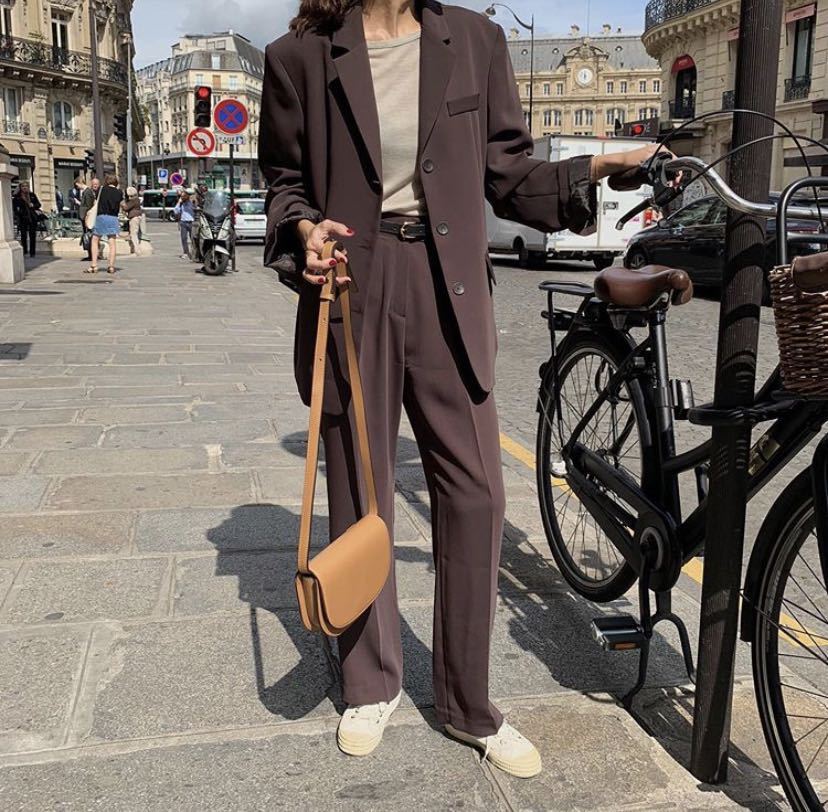 Loose Cotton Blend Suit Top with Straight Wide Leg Pants
