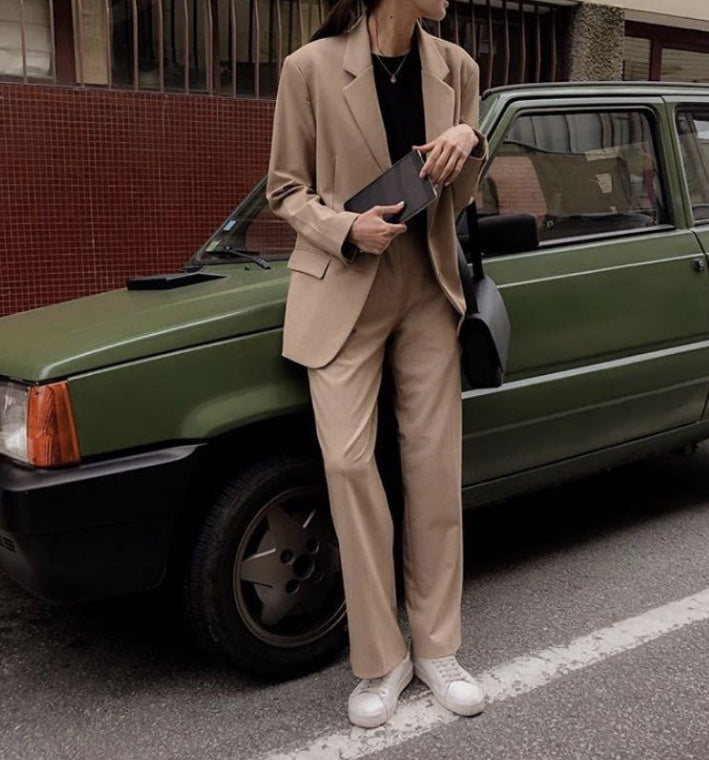 Loose Cotton Blend Suit Top with Straight Wide Leg Pants