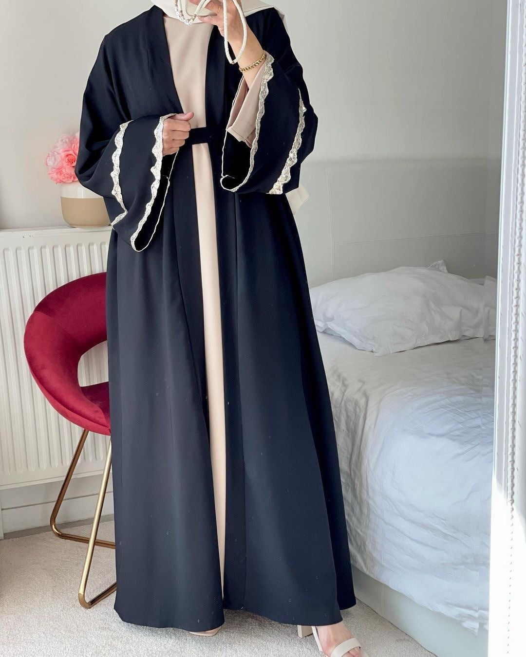 Spliced Lace Cardigan Maxi Skirt for Muslim Women