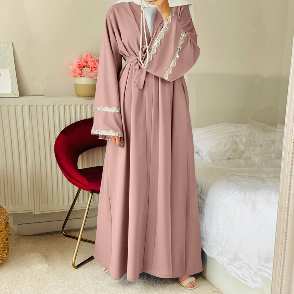 Spliced Lace Cardigan Maxi Skirt for Muslim Women