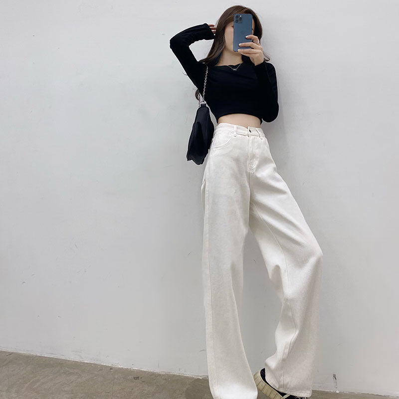White Loose Casual Wide Leg Denim Pants for Women