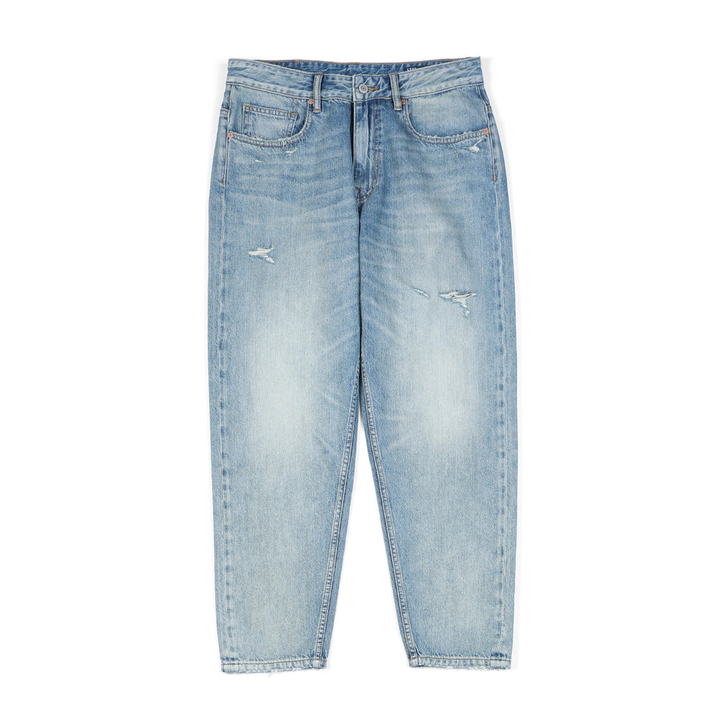 Light Blue Washed Micro-Elastic Frayed Cropped Jeans Men Mid Waist