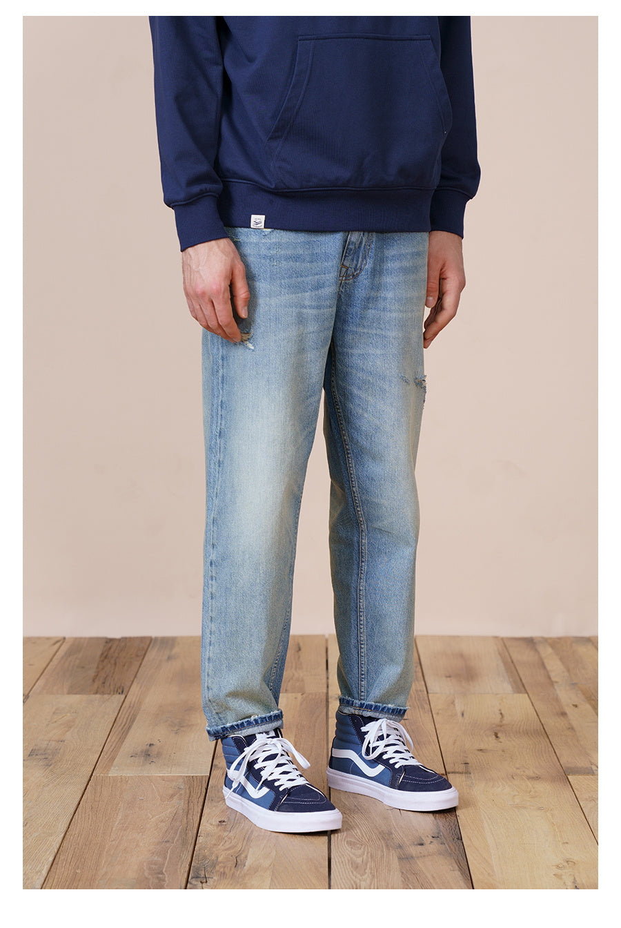 Light Blue Washed Micro-Elastic Frayed Cropped Jeans Men Mid Waist