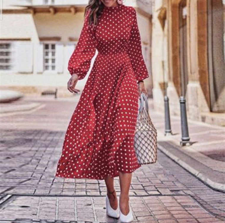 Polka Dot Chiffon Long Sleeve Dress with Elastic Waist
