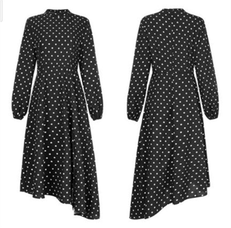 Polka Dot Chiffon Long Sleeve Dress with Elastic Waist