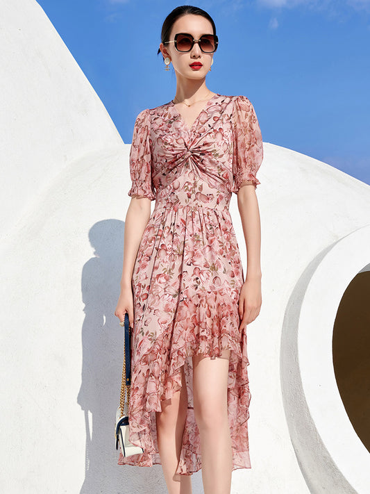 V-neck Knotted Irregular Floral  Silk Skirt