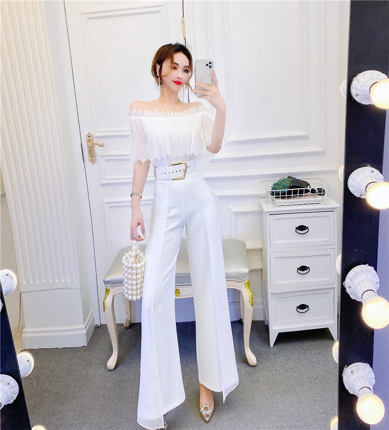 High Waist Drape Stitching Mesh Wide-leg Pants Suit