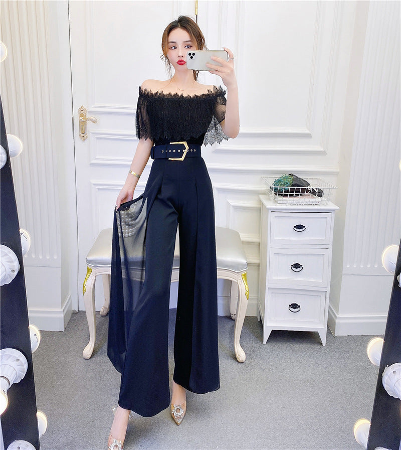 High Waist Drape Stitching Mesh Wide-leg Pants Suit