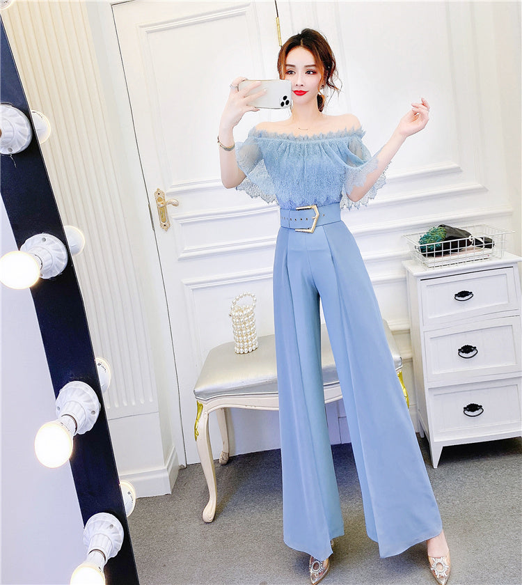 High Waist Drape Stitching Mesh Wide-leg Pants Suit
