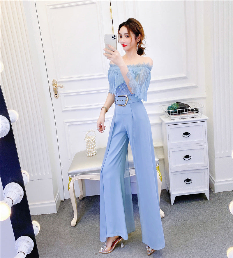 High Waist Drape Stitching Mesh Wide-leg Pants Suit