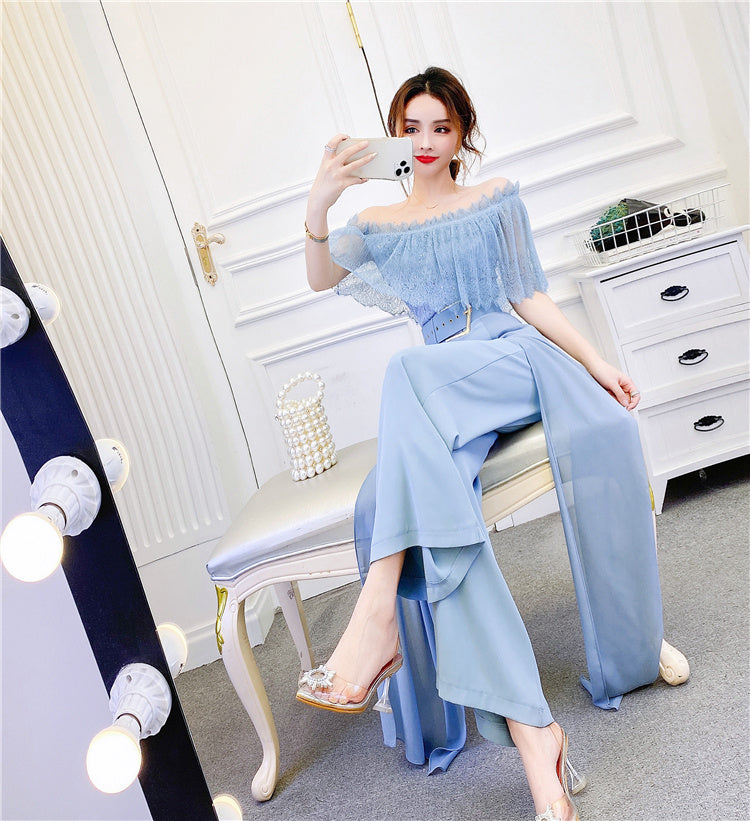 High Waist Drape Stitching Mesh Wide-leg Pants Suit