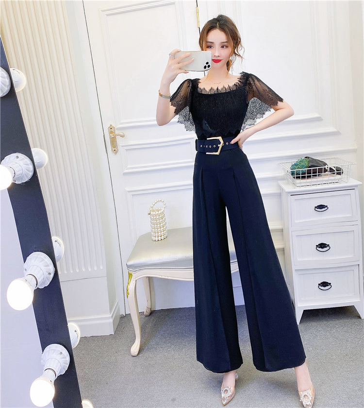 High Waist Drape Stitching Mesh Wide-leg Pants Suit
