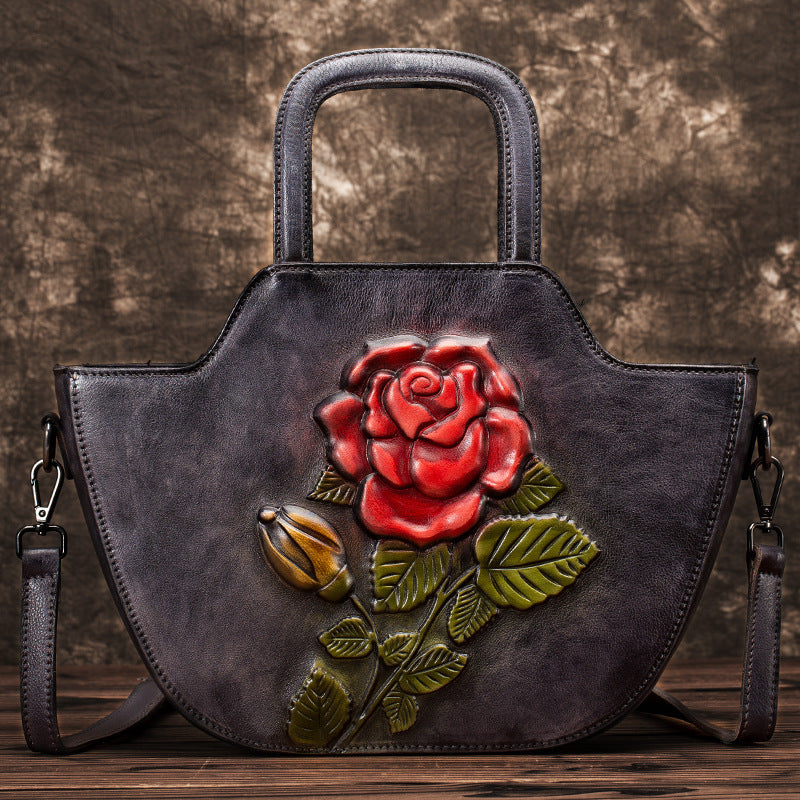 3D Embossed Flower Cowhide Bucket Bag Large Shoulder Messenger