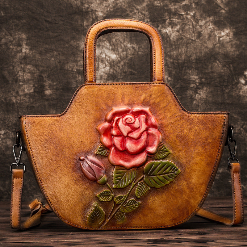 3D Embossed Flower Cowhide Bucket Bag Large Shoulder Messenger