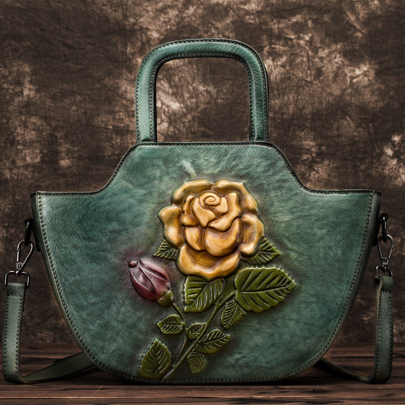 3D Embossed Flower Cowhide Bucket Bag Large Shoulder Messenger