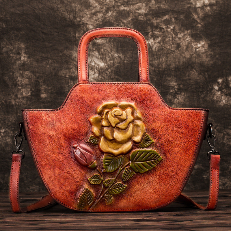 3D Embossed Flower Cowhide Bucket Bag Large Shoulder Messenger