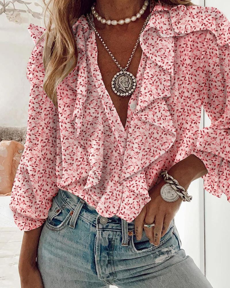 White Long-Sleeve Ruffled Polyester Top