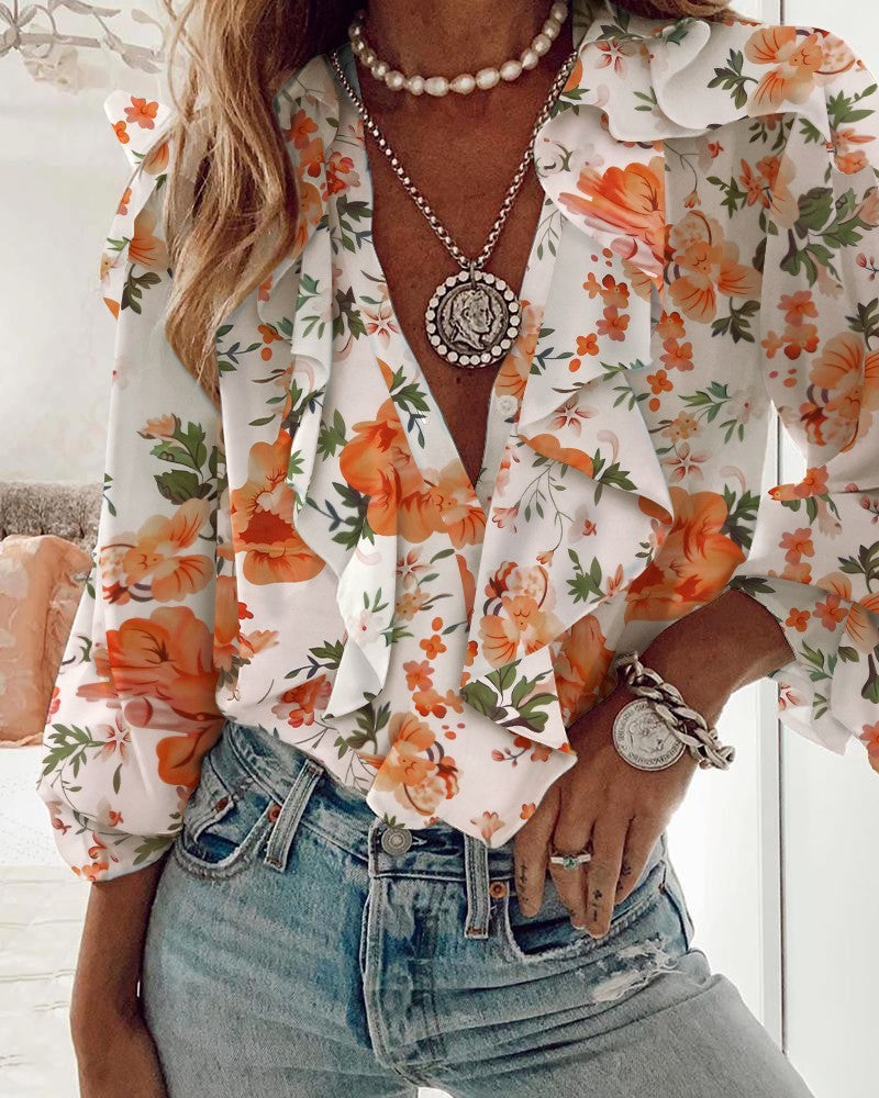 White Long-Sleeve Ruffled Polyester Top