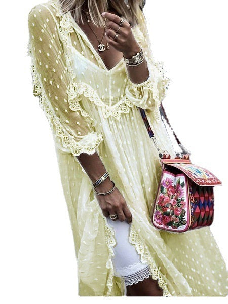 Polka Dot Jacquard Dress with Long Skirt