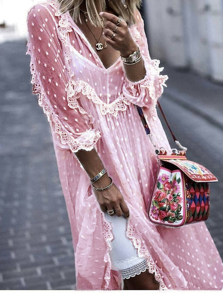 Polka Dot Jacquard Dress with Long Skirt