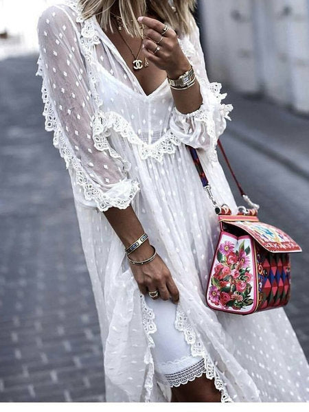 Polka Dot Jacquard Dress with Long Skirt