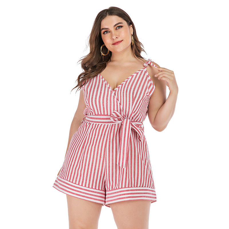 Sweet Women's Red and White Printed Jumpsuit Cotton Linen