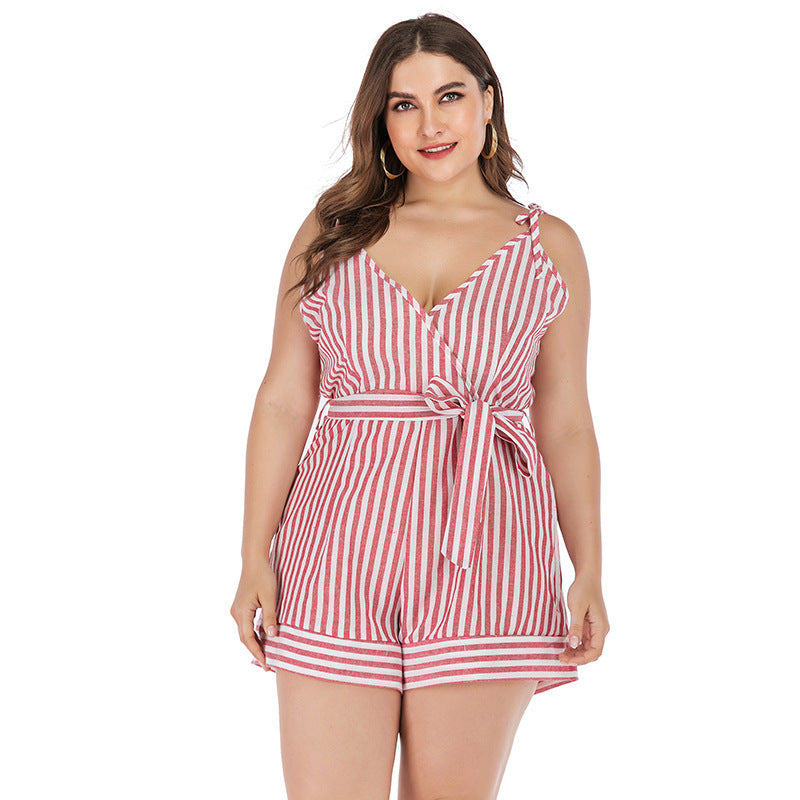 Sweet Women's Red and White Printed Jumpsuit Cotton Linen