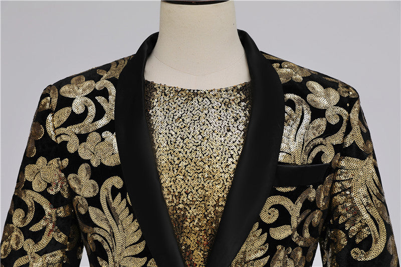 Long Black Gold Sequined Cotton Blend Blazer
