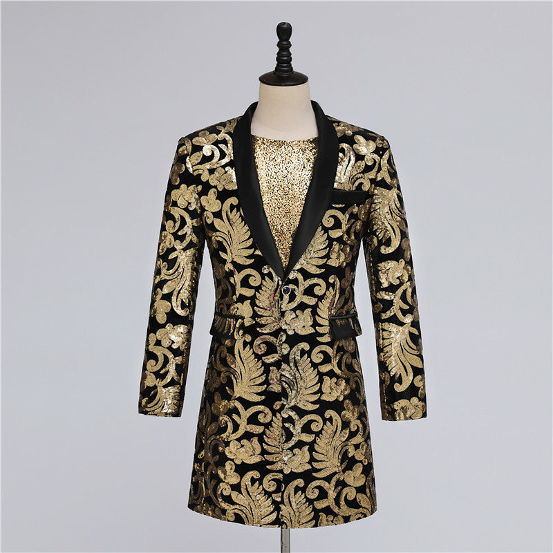 Long Black Gold Sequined Cotton Blend Blazer