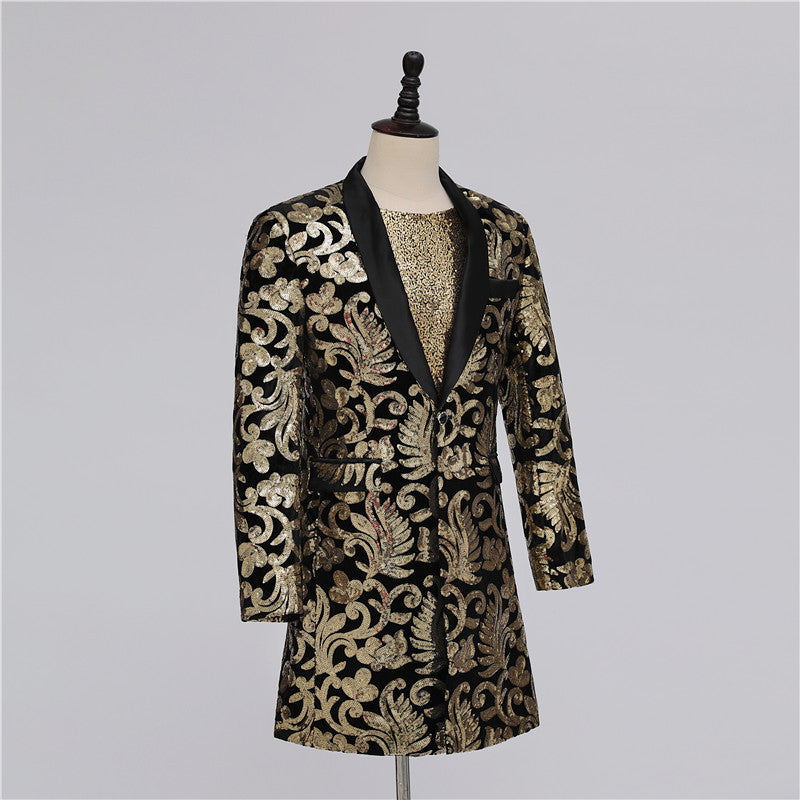 Long Black Gold Sequined Cotton Blend Blazer