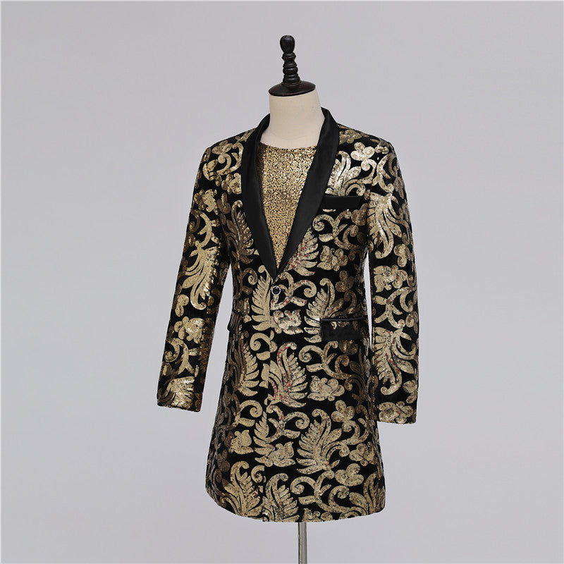 Long Black Gold Sequined Cotton Blend Blazer