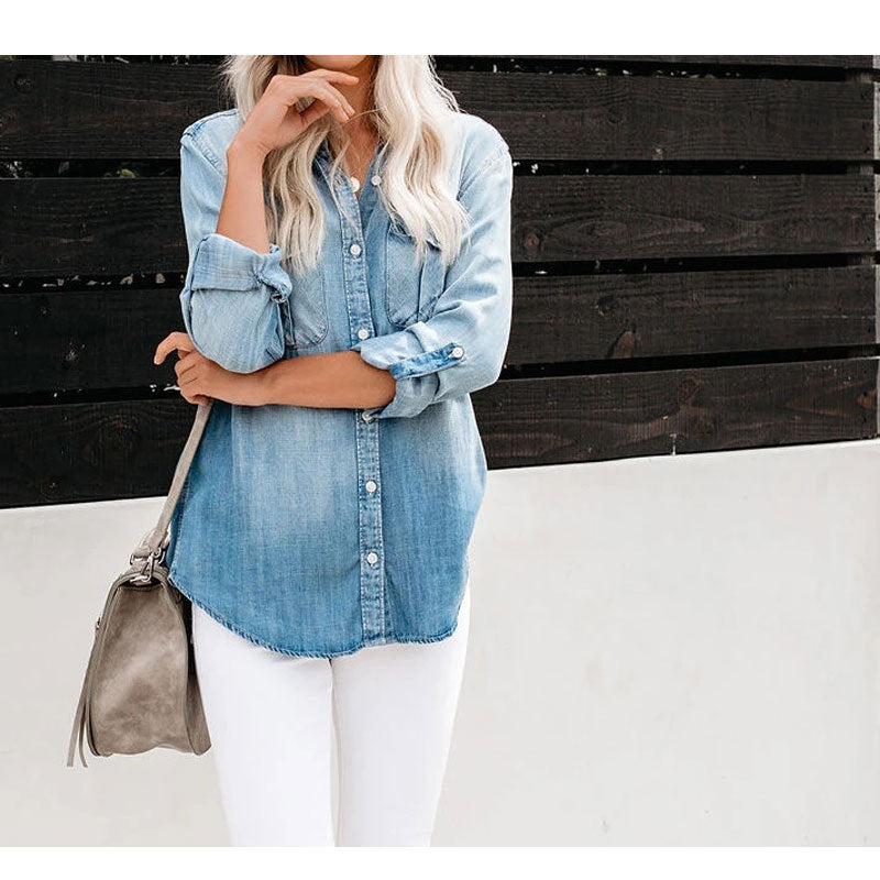 European & American Women's Multi-Color Tassel Hem Denim Shirt