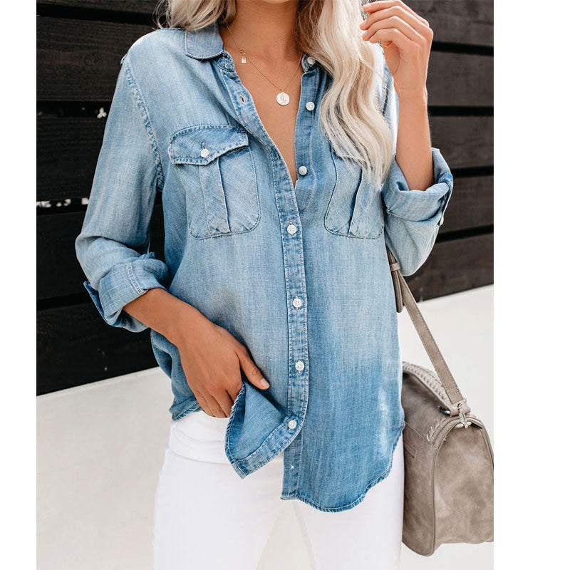 European & American Women's Multi-Color Tassel Hem Denim Shirt