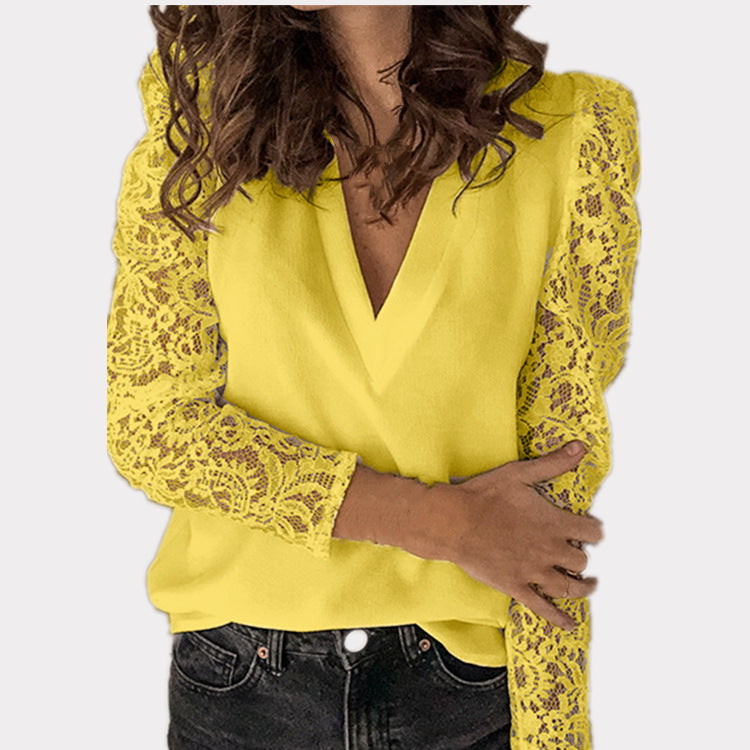 Lace Stitching Long-Sleeve Slim-Fit Blouse for Women