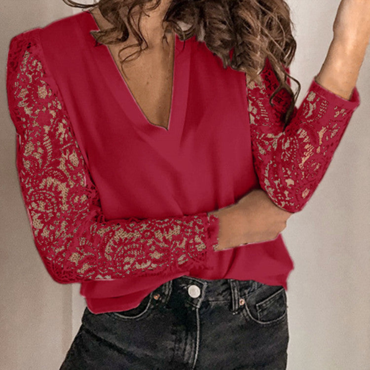 Lace Stitching Long-Sleeve Slim-Fit Blouse for Women