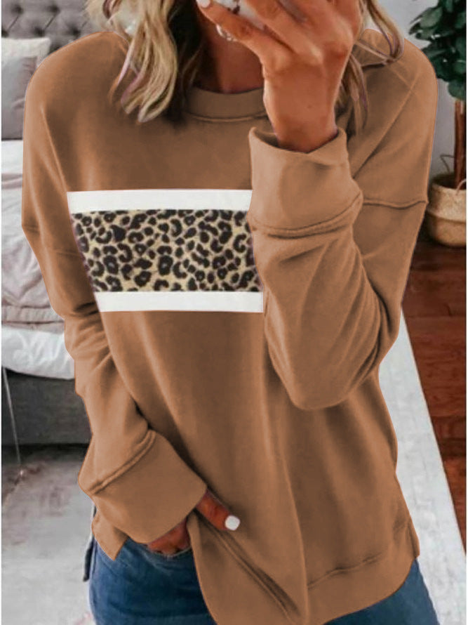 Leopard Print Long-Sleeved Round Neck Sweater Women