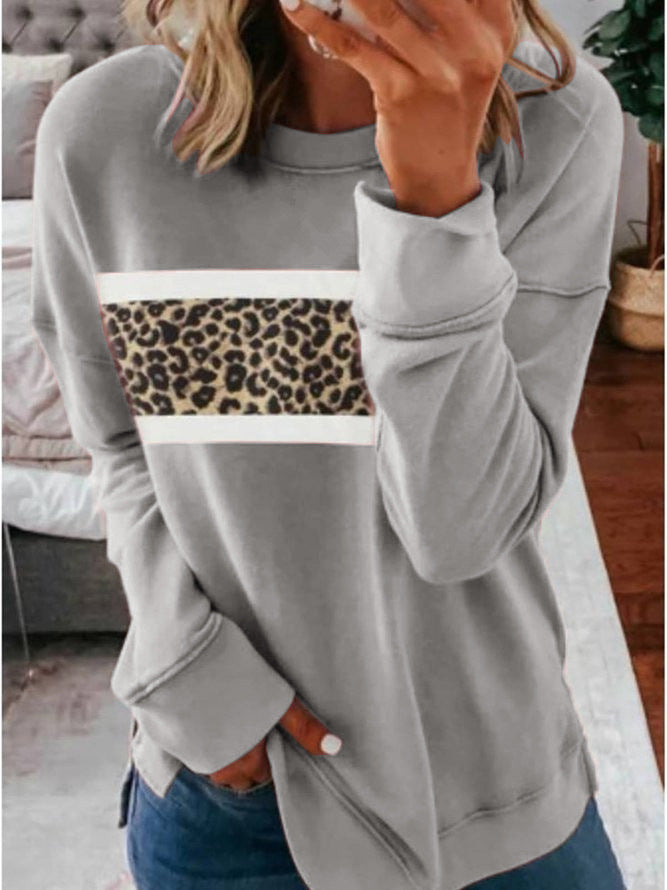 Leopard Print Long-Sleeved Round Neck Sweater Women