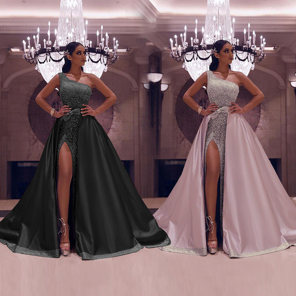 One-Shoulder Evening Dress with Lace in Pink & Black, Sizes S-XXL