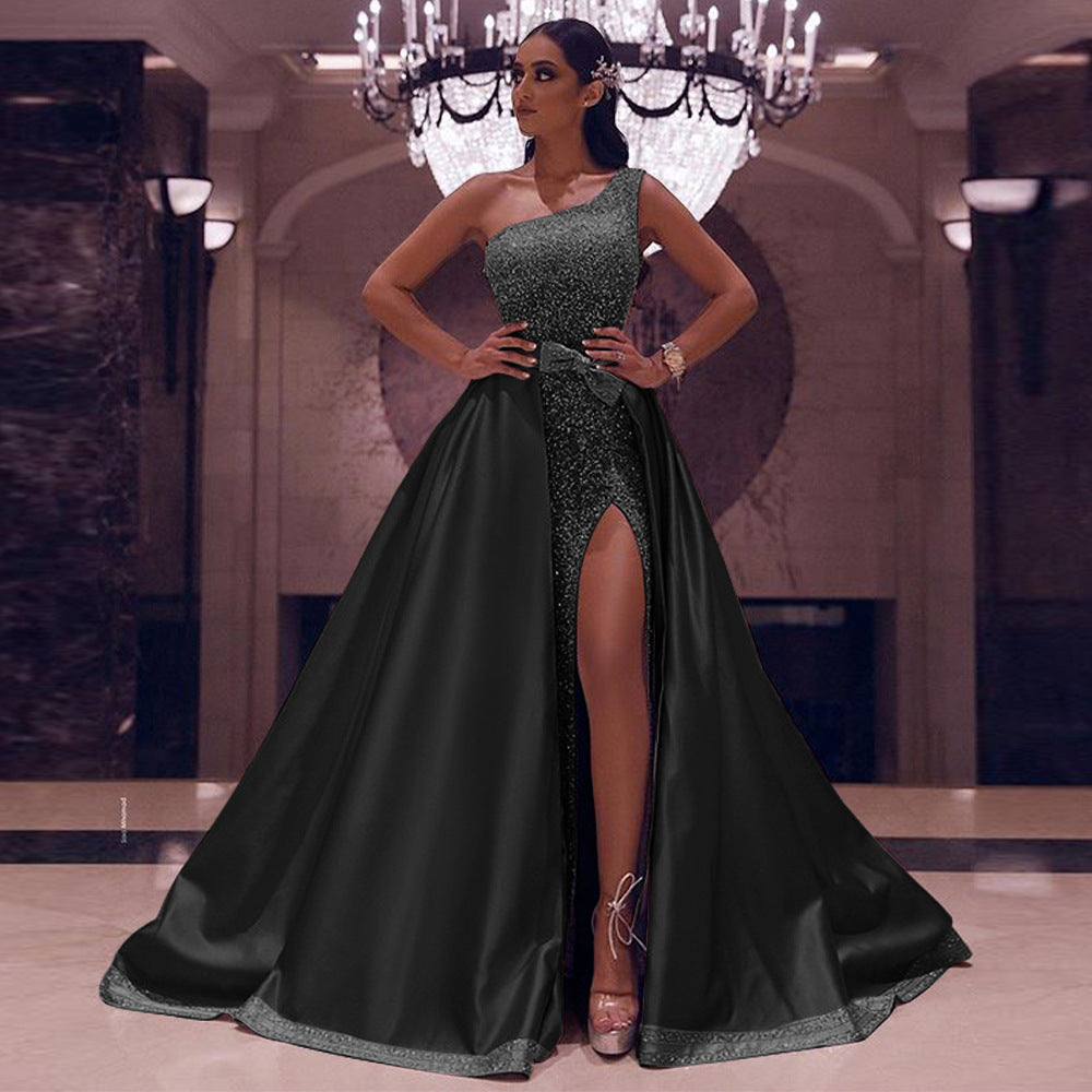 One-Shoulder Evening Dress with Lace in Pink & Black, Sizes S-XXL