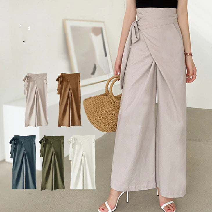 Pure Color Lace-up Cotton And Linen Casual Trousers