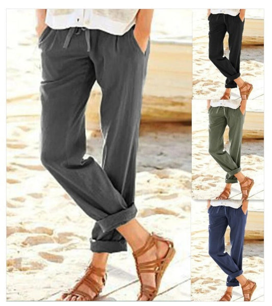 Women's Solid Color Cotton And Linen Drawstring Loose Casual Wide-Leg Pants