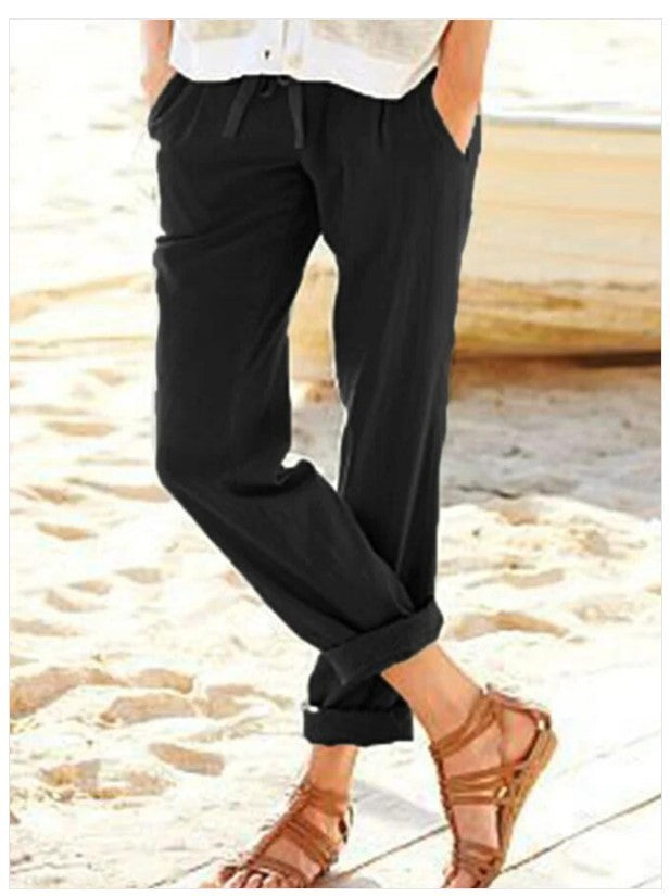 Women's Solid Color Cotton And Linen Drawstring Loose Casual Wide-Leg Pants
