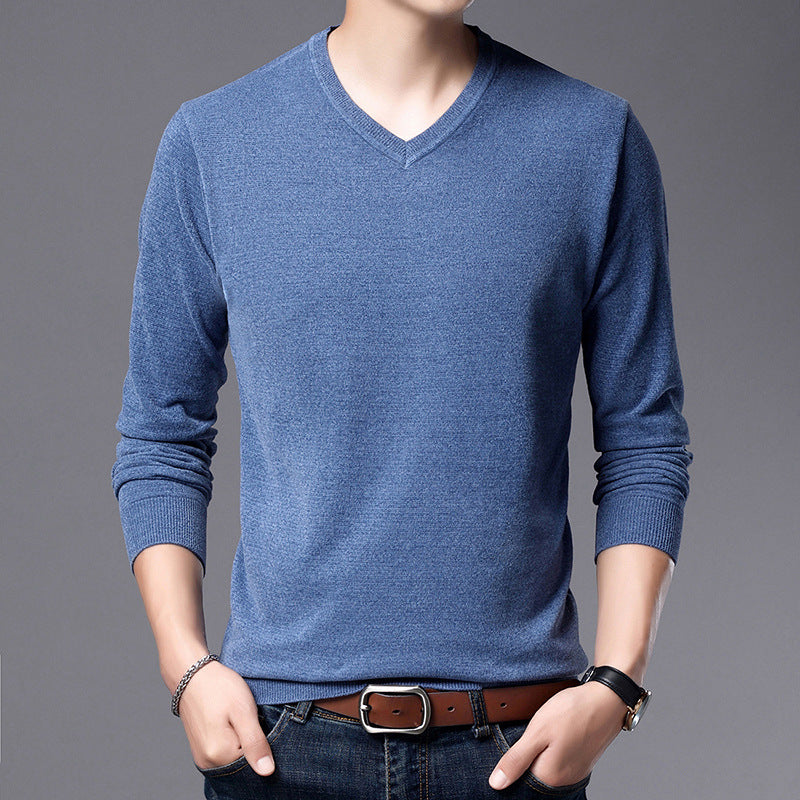 Men's V-Neck Knit Sweater Long Sleeve Thin Loose Solid Color Shirt
